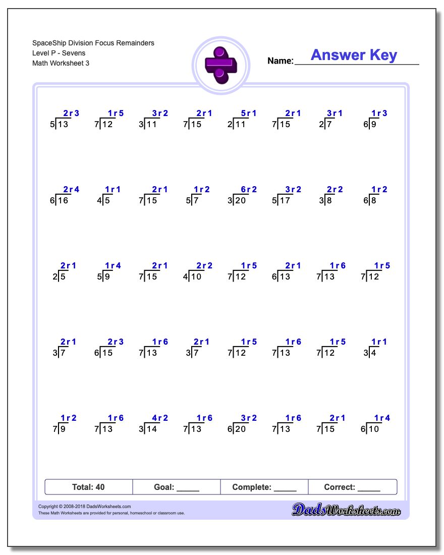 SpaceShip Division Worksheet Focus Remainders Level PSevens