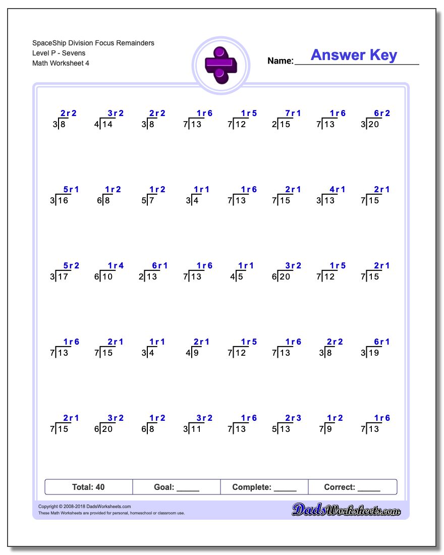 SpaceShip Division Worksheet Focus Remainders Level PSevens
