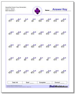 Division Worksheet SpaceShip Focus Remainders Level QSevens