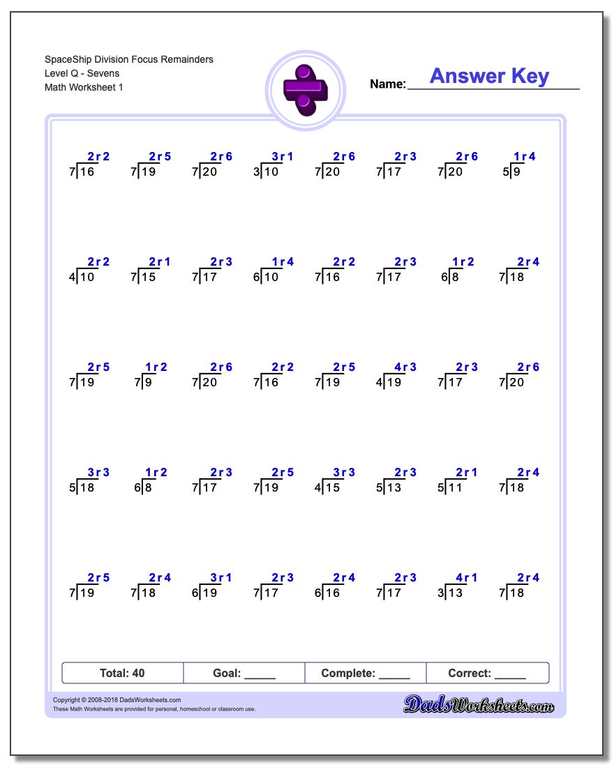 Division Worksheet SpaceShip Focus Remainders Level QSevens