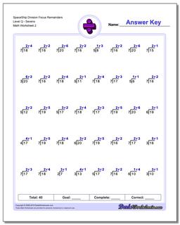 SpaceShip Division Worksheet Focus Remainders Level QSevens /worksheets/division.html