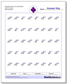 SpaceShip Division Worksheet Focus Remainders Level QSevens