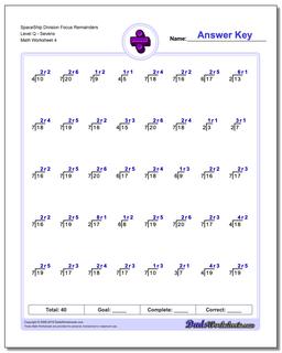 SpaceShip Division Worksheet Focus Remainders Level QSevens