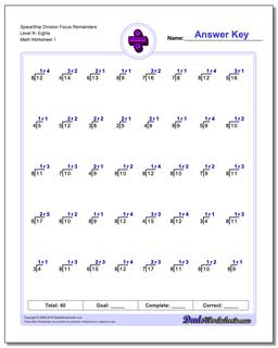 Division Worksheet SpaceShip Focus Remainders Level R- Eights