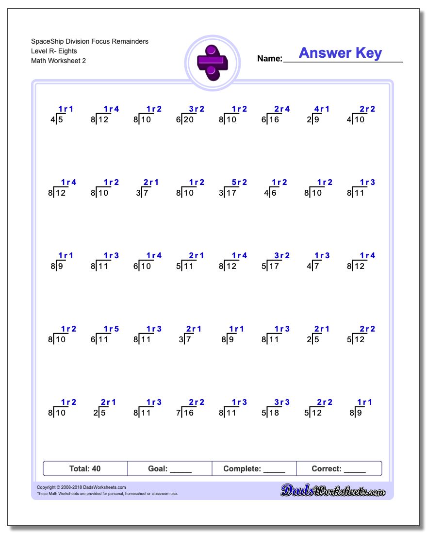 SpaceShip Division Worksheet Focus Remainders Level R- Eights www.dadsworksheets.com/worksheets/division.html