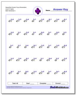 SpaceShip Division Worksheet Focus Remainders Level R- Eights