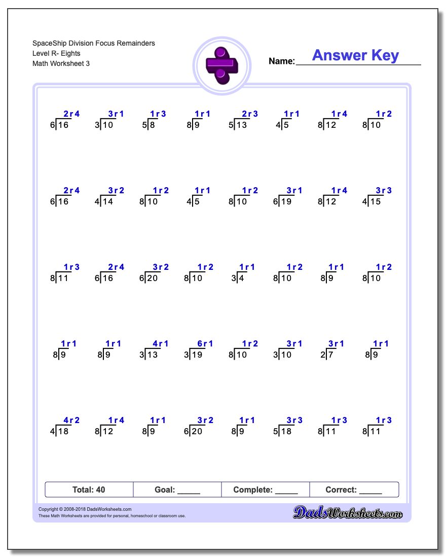 SpaceShip Division Worksheet Focus Remainders Level R- Eights