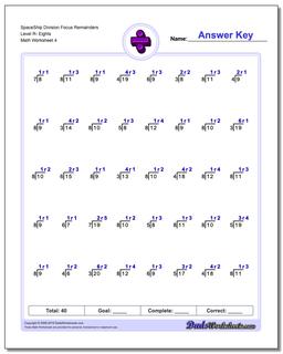 SpaceShip Division Worksheet Focus Remainders Level R- Eights