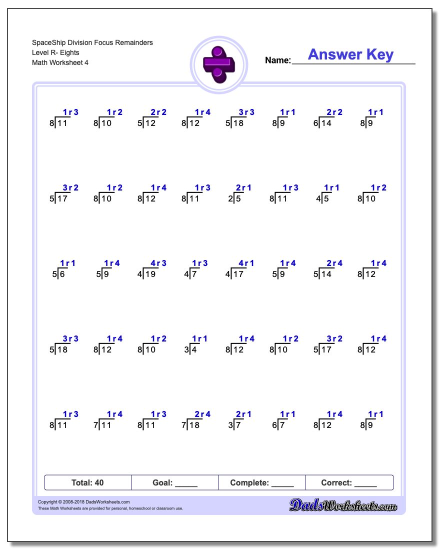 SpaceShip Division Worksheet Focus Remainders Level R- Eights
