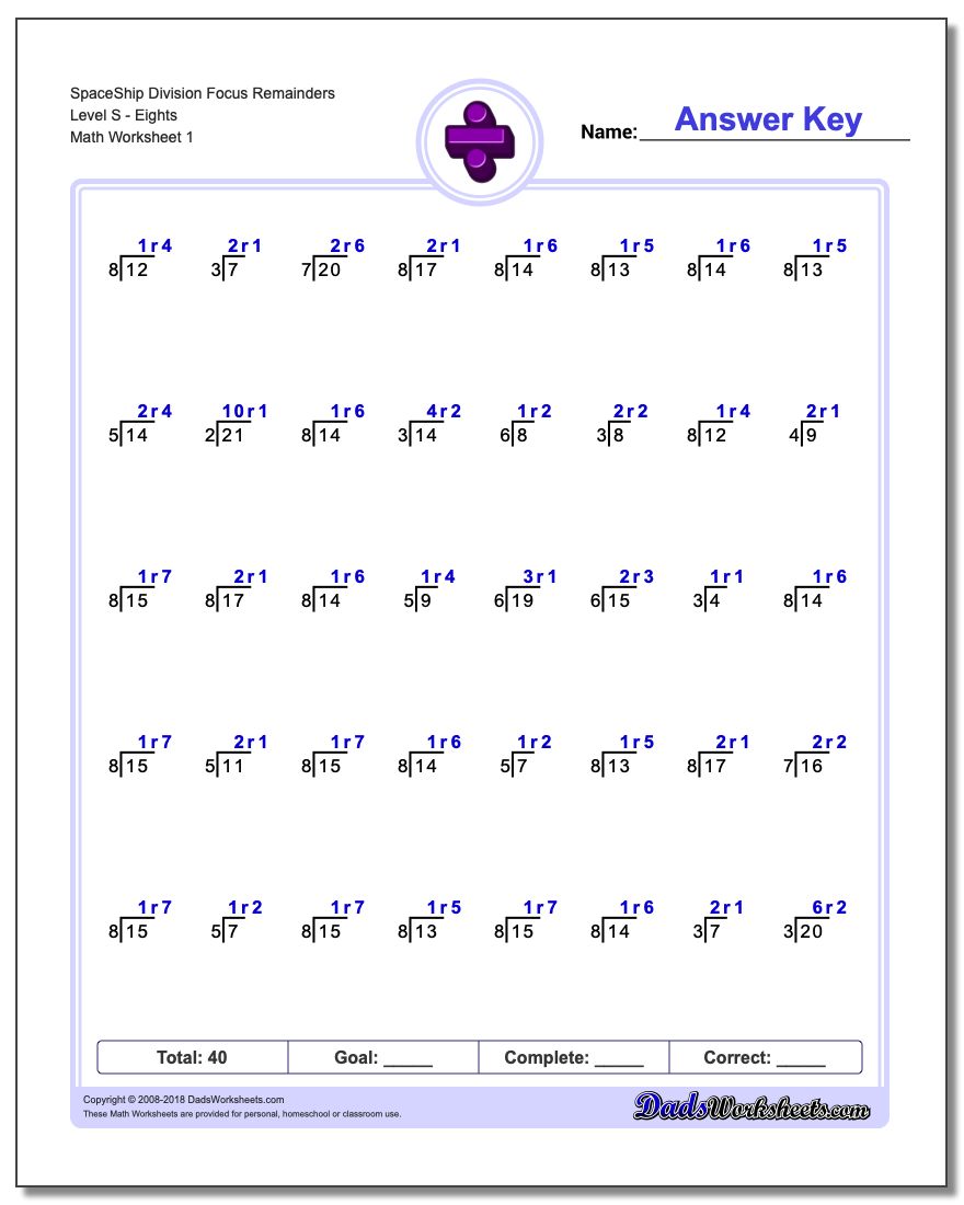 Division Worksheet SpaceShip Focus Remainders Level SEights