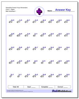 Division Worksheet SpaceShip Focus Remainders Level TEights