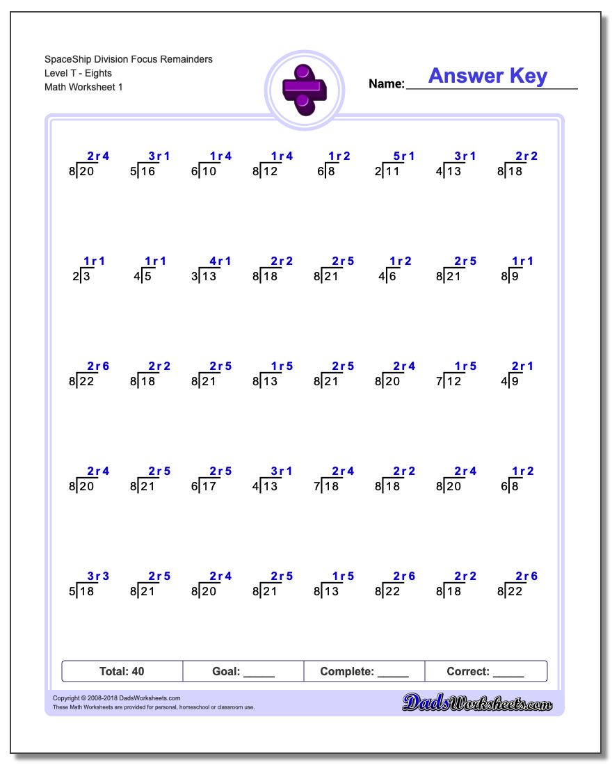 Division Worksheet SpaceShip Focus Remainders Level TEights