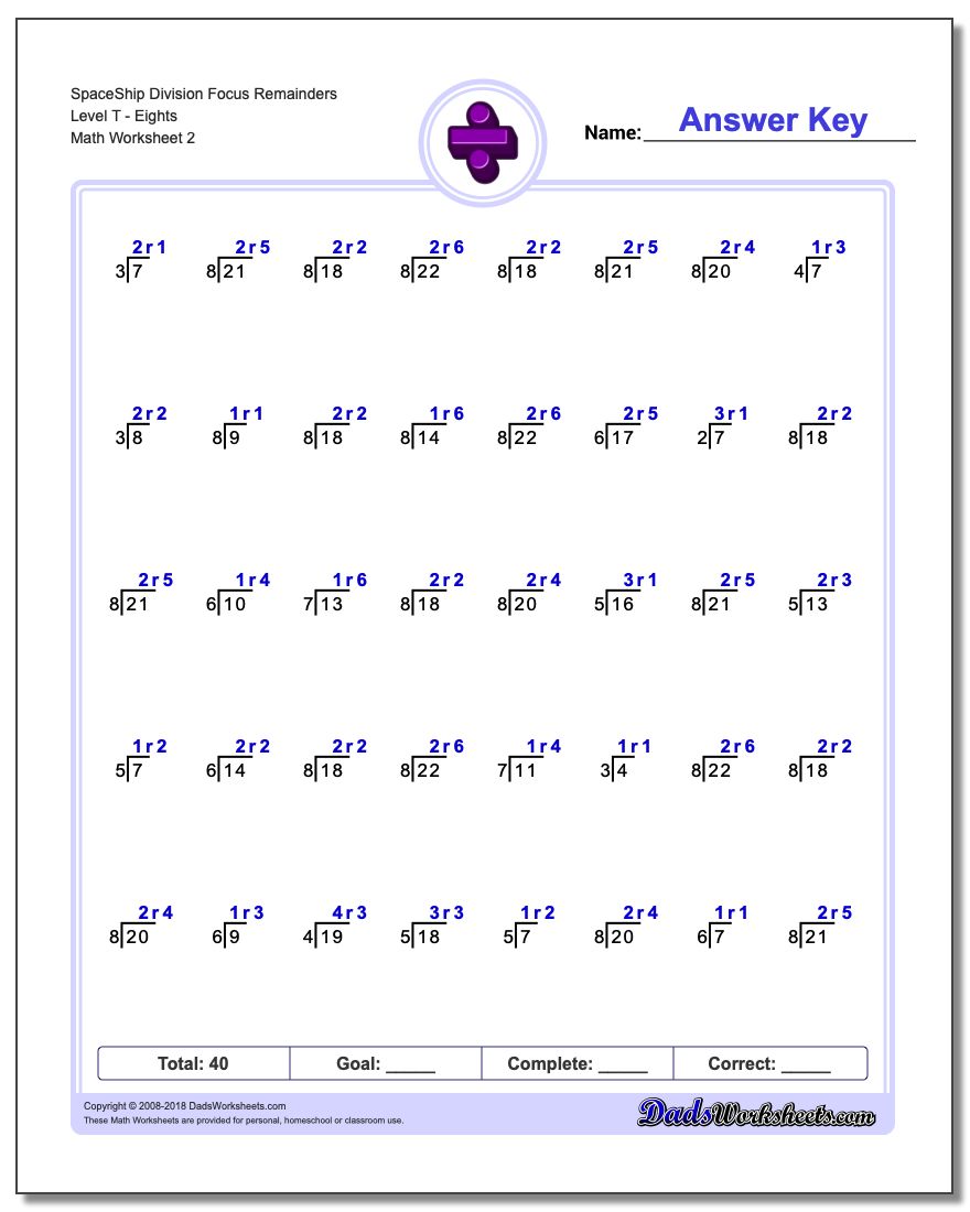 SpaceShip Division Worksheet Focus Remainders Level TEights www.dadsworksheets.com/worksheets/division.html