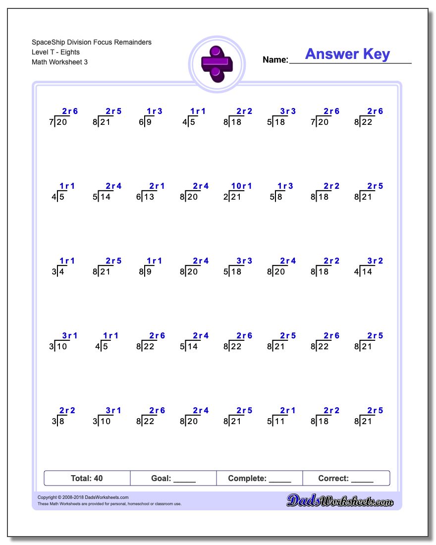 SpaceShip Division Worksheet Focus Remainders Level TEights