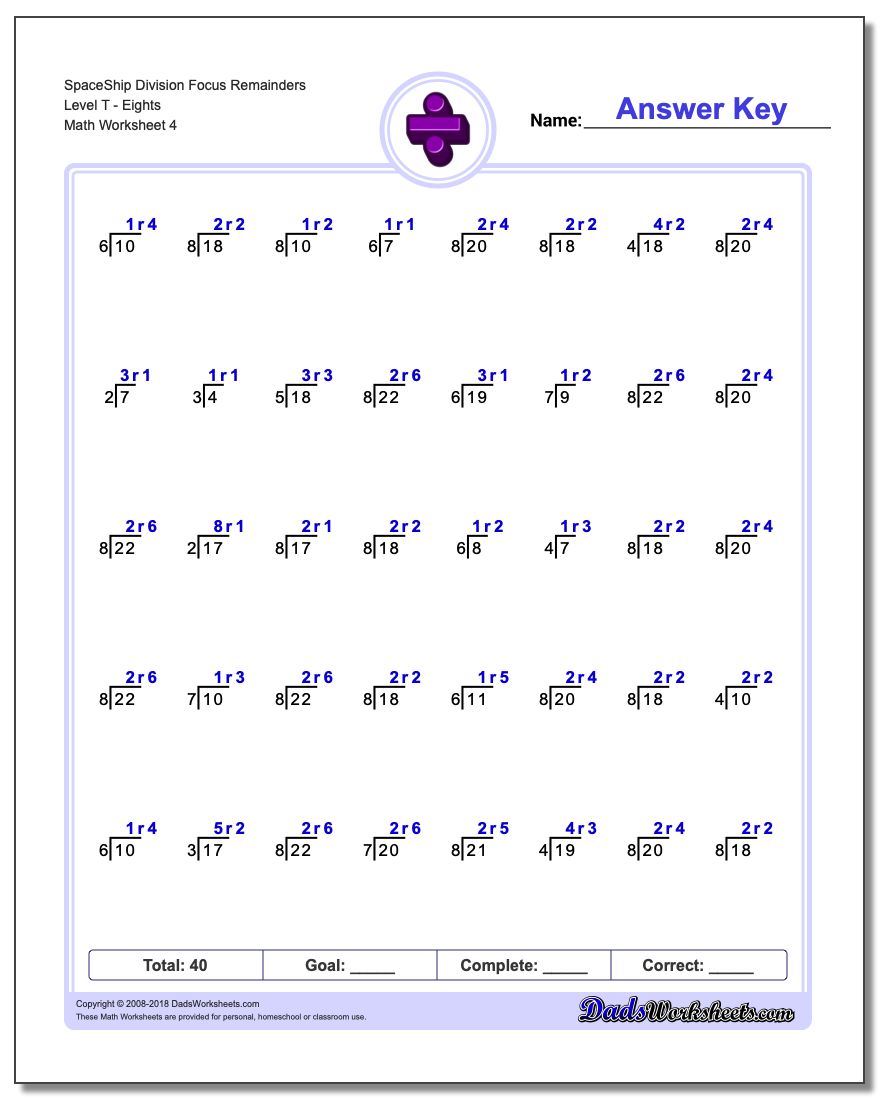 SpaceShip Division Worksheet Focus Remainders Level TEights