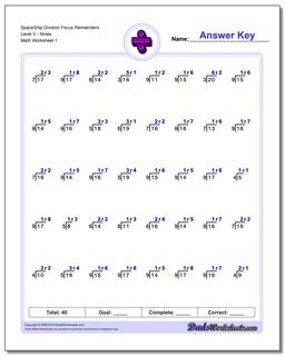 Division Worksheet SpaceShip Focus Remainders Level VNines