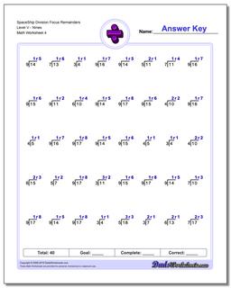 SpaceShip Division Worksheet Focus Remainders Level VNines