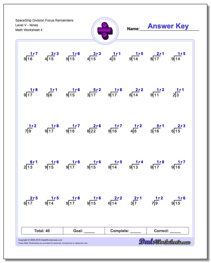 SpaceShip Division Worksheet Focus Remainders Level VNines