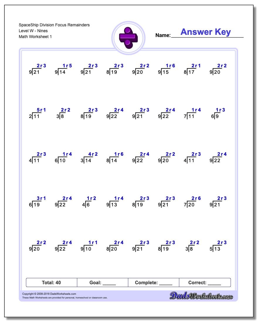 Division Worksheet SpaceShip Focus Remainders Level WNines