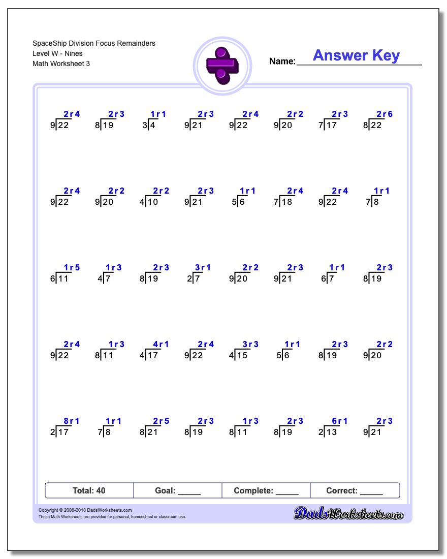 SpaceShip Division Worksheet Focus Remainders Level WNines