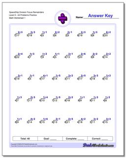 Division Worksheet SpaceShip Focus Remainders Level XAll Problems Practice