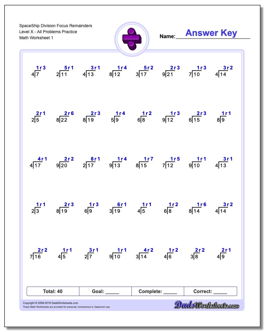 Division Worksheet SpaceShip Focus Remainders Level XAll Problems Practice
