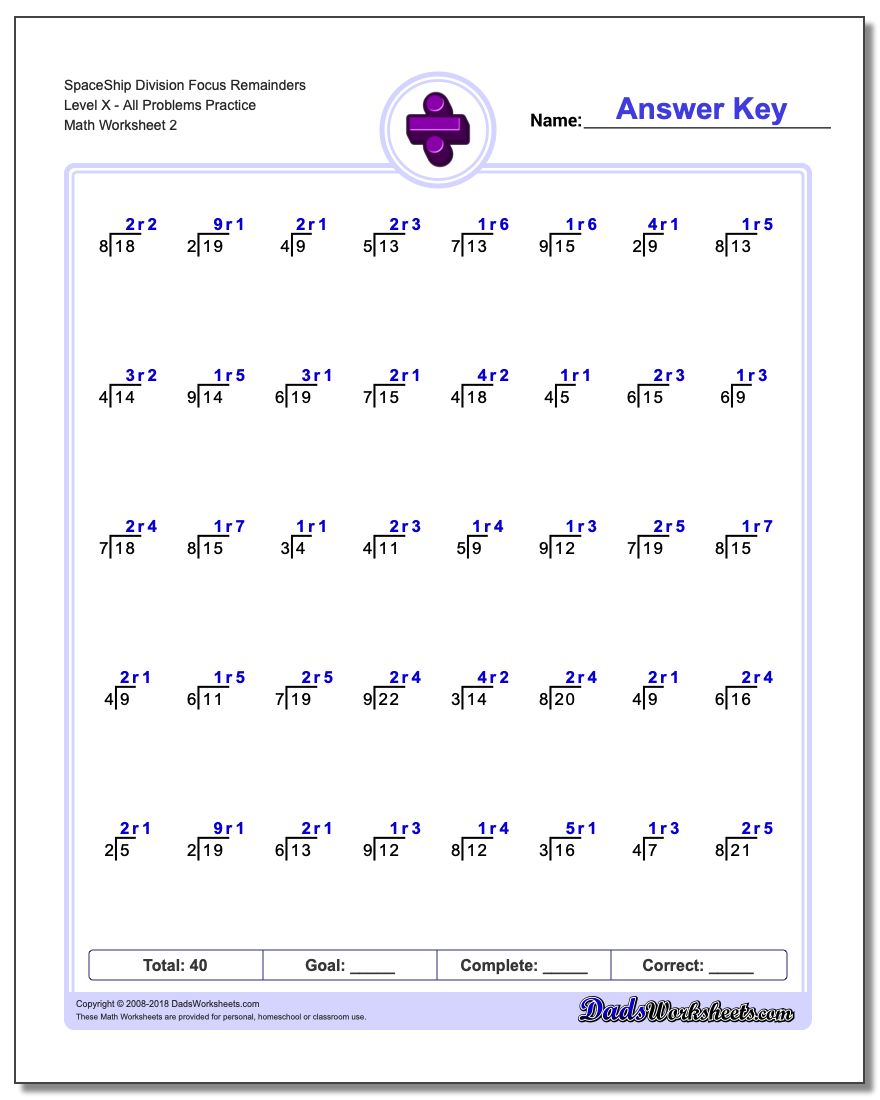 SpaceShip Division Worksheet Focus Remainders Level XAll Problems Worksheet Practice www.dadsworksheets.com/worksheets/division.html