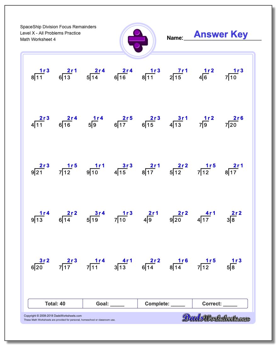 SpaceShip Division Worksheet Focus Remainders Level XAll Problems Worksheet Practice