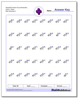 SpaceShip Division Worksheet Focus Remainders Level UNines