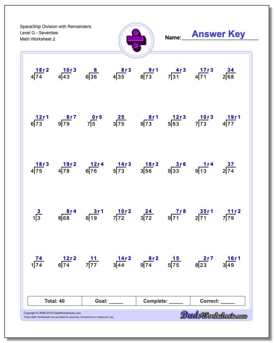 SpaceShip Division Worksheet with Remainders Level GSeventies www.dadsworksheets.com/worksheets/division.html