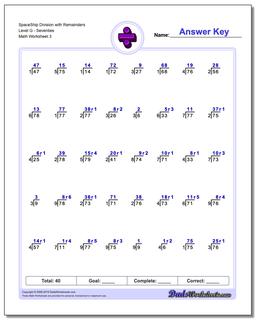 SpaceShip Division Worksheet with Remainders Level GSeventies