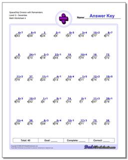 SpaceShip Division Worksheet with Remainders Level GSeventies