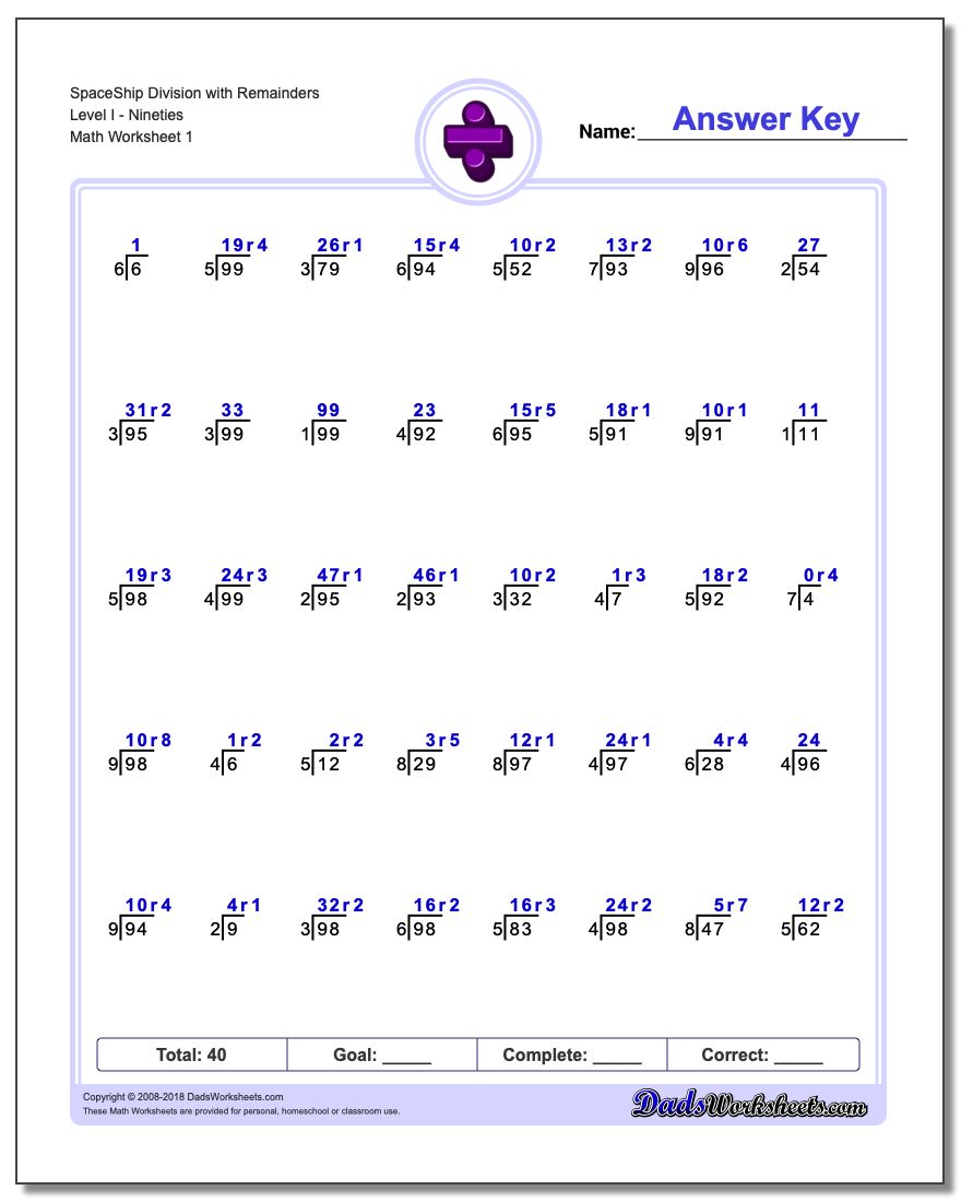 Division Worksheet SpaceShip with Remainders Level INineties