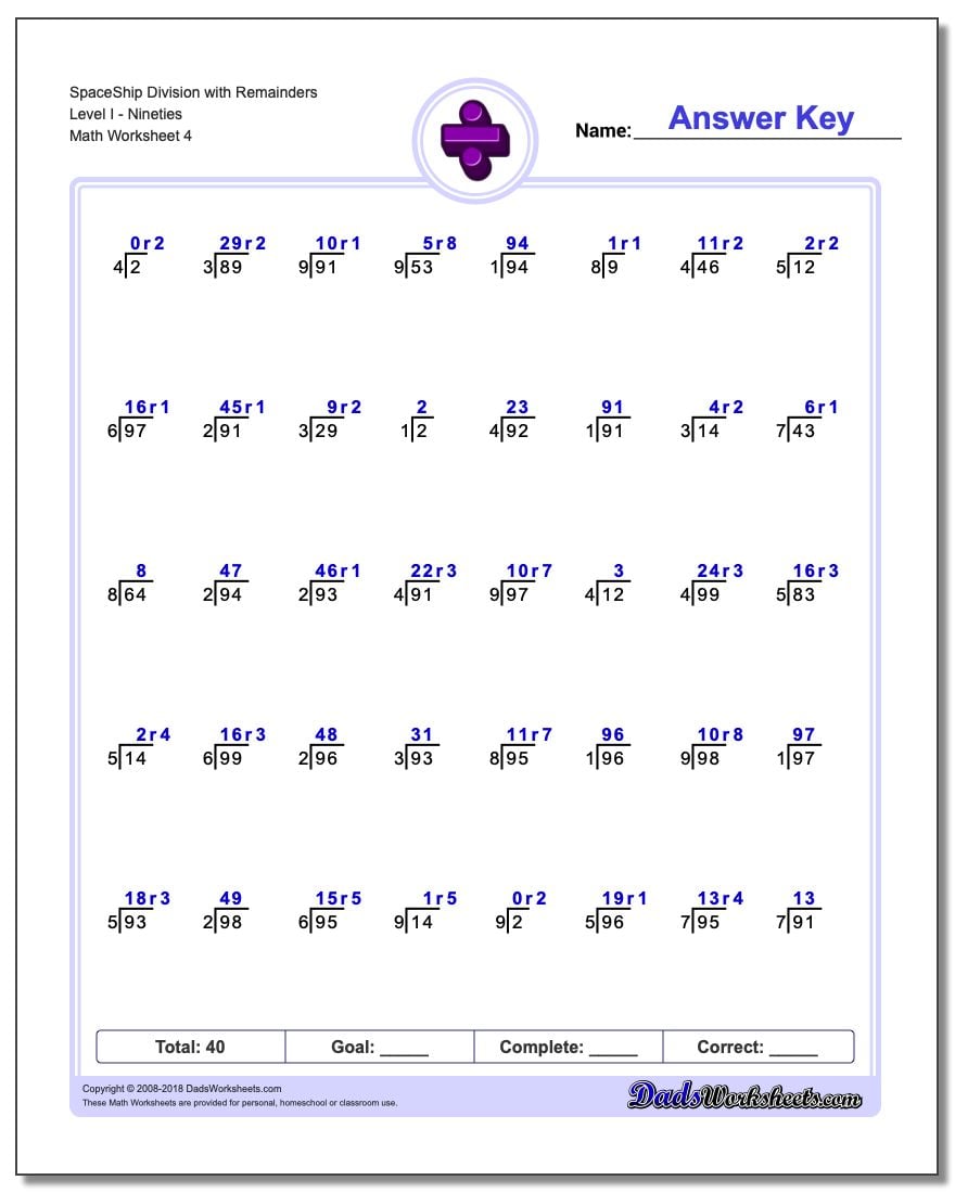 SpaceShip Division Worksheet with Remainders Level INineties