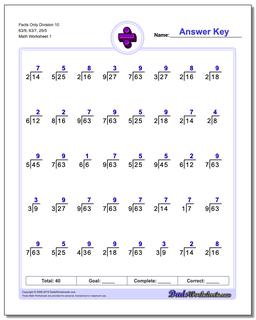 Division Worksheet Facts Only 10 63/9, 63/7, 25/5