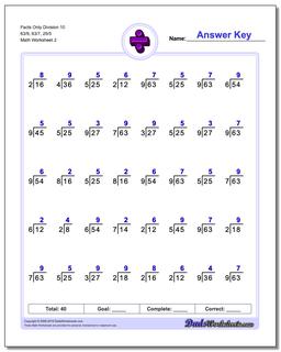 Facts Only Division Worksheet 10 63/9, 63/7, 25/5 /worksheets/division.html