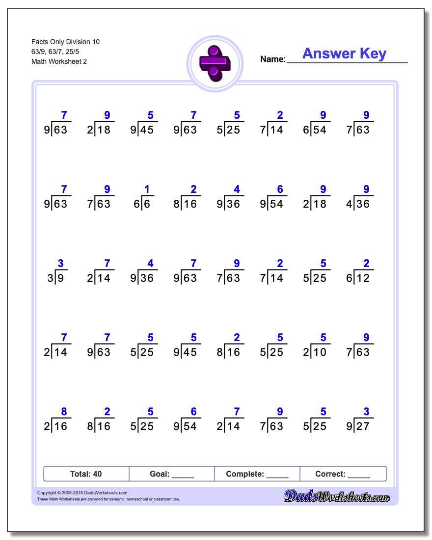 Facts Only Division Worksheet 10 63/9, 63/7, 25/5 www.dadsworksheets.com/worksheets/division.html