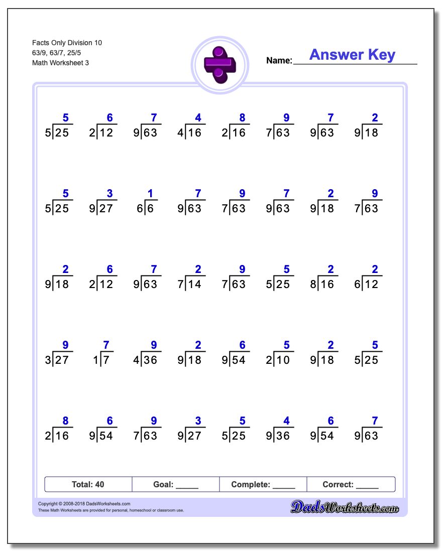 Facts Only Division Worksheet 10 63/9, 63/7, 25/5