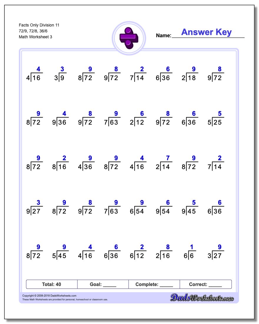 Facts Only Division Worksheet 11 72/9, 72/8, 36/6