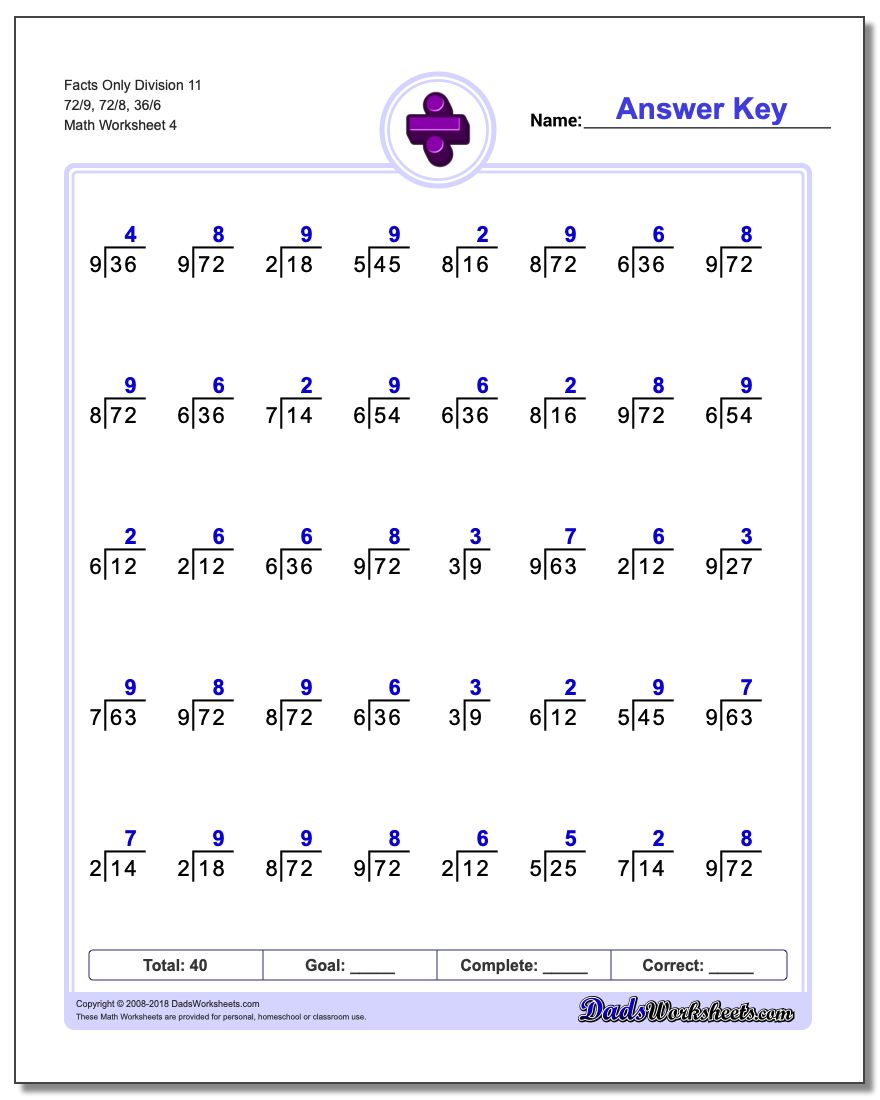 Facts Only Division Worksheet 11 72/9, 72/8, 36/6