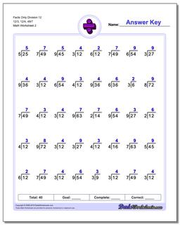 Facts Only Division Worksheet 12 12/3, 12/4, 49/7 /worksheets/division.html