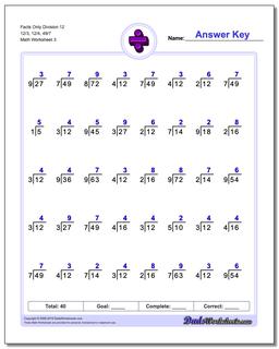 Facts Only Division Worksheet 12 12/3, 12/4, 49/7