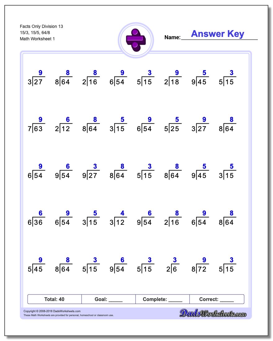 Division Worksheet Facts Only 13 15/3, 15/5, 64/8