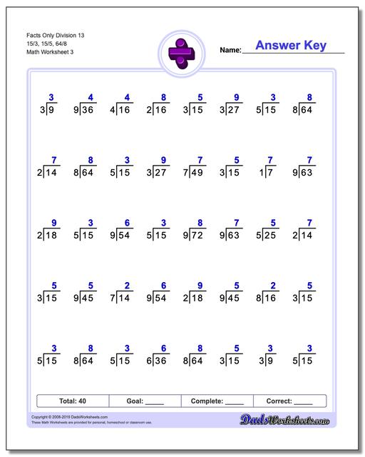 math worksheets division division facts only division
