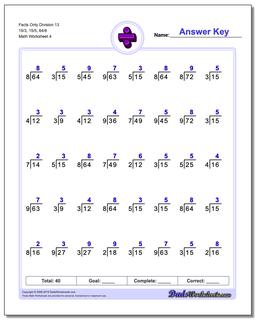 Facts Only Division Worksheet 13 15/3, 15/5, 64/8