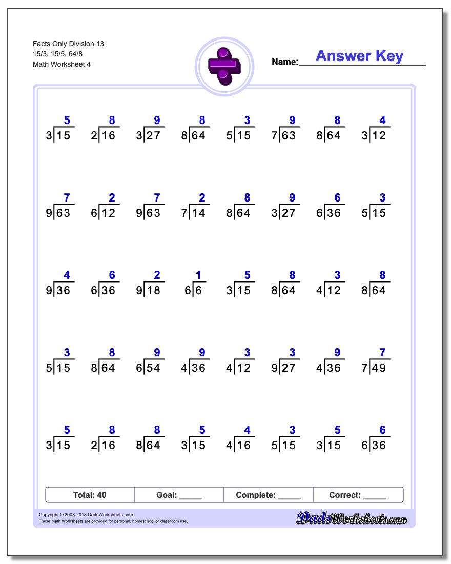 Facts Only Division Worksheet 13 15/3, 15/5, 64/8