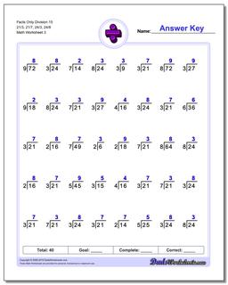 Facts Only Division Worksheet 15 21/3, 21/7, 24/3, 24/8