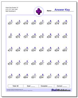 Facts Only Division Worksheet 15 21/3, 21/7, 24/3, 24/8