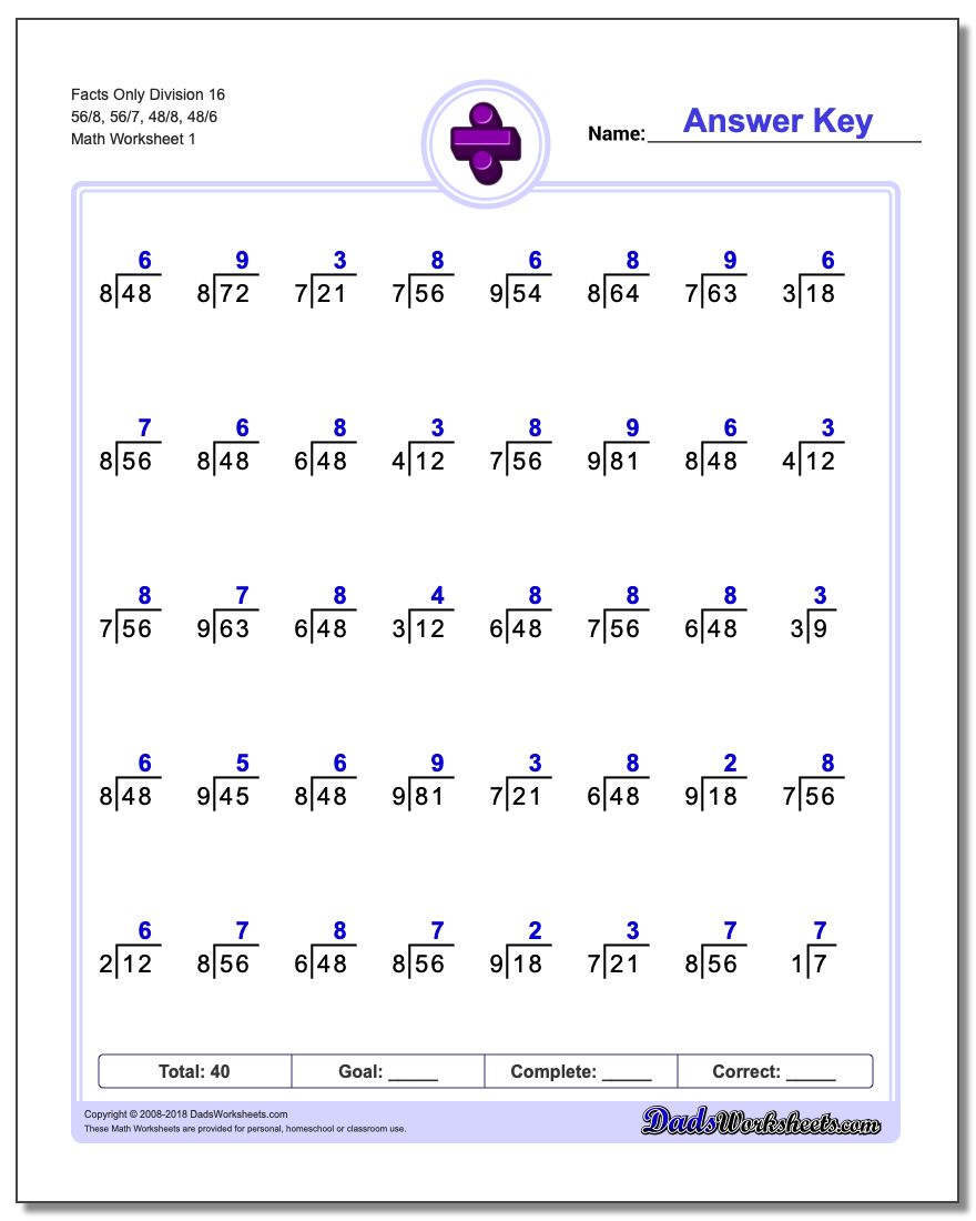 Division Worksheet Facts Only 16 56/8, 56/7, 48/8, 48/6