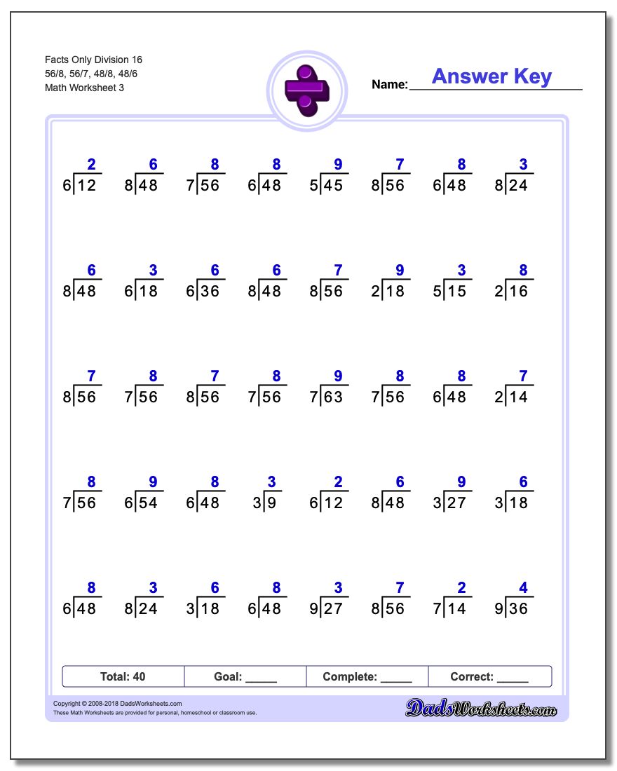Facts Only Division Worksheet 16 56/8, 56/7, 48/8, 48/6